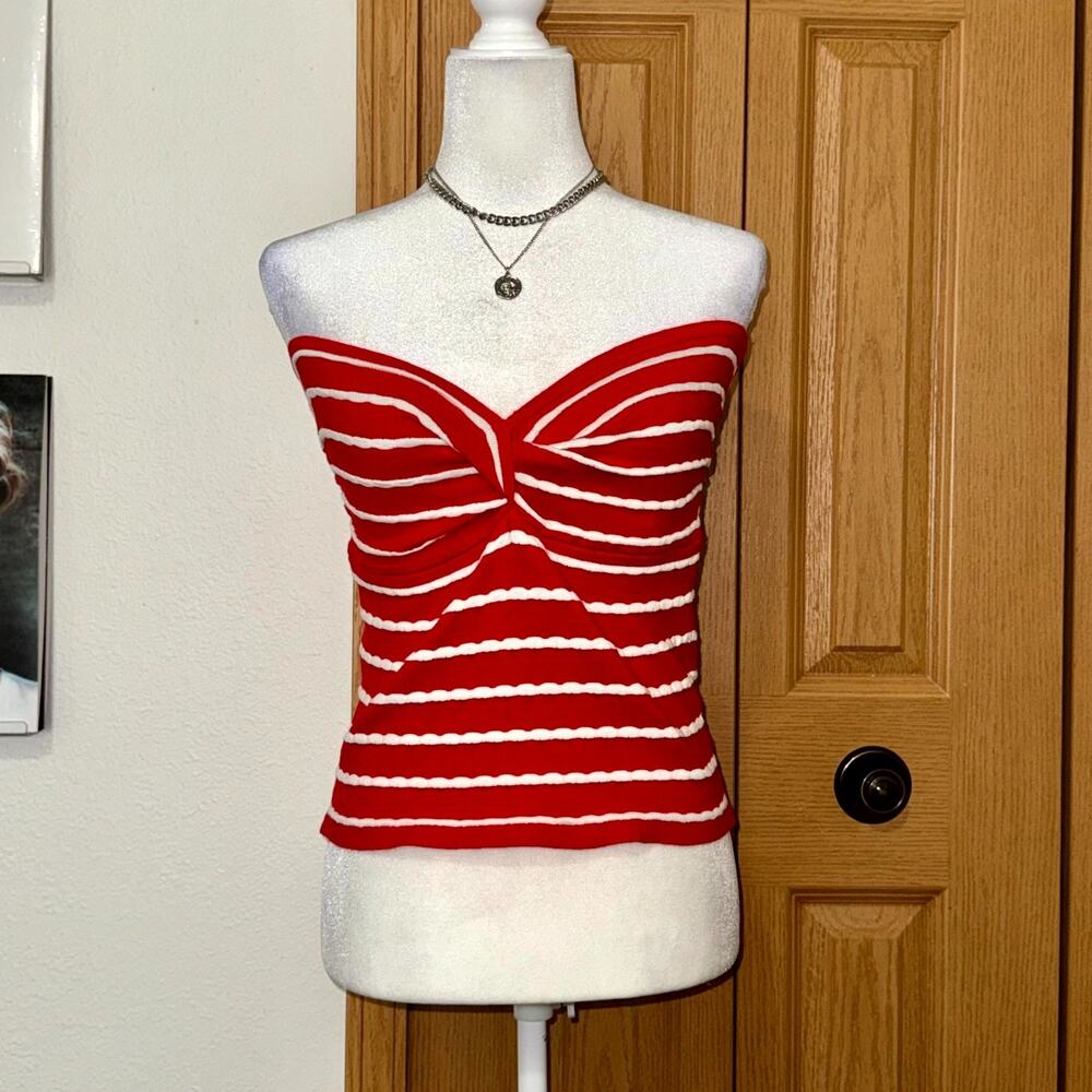 Miss Love Tube Top Womens Large Red Whiteβ Striped Twist Front Casual Strapless